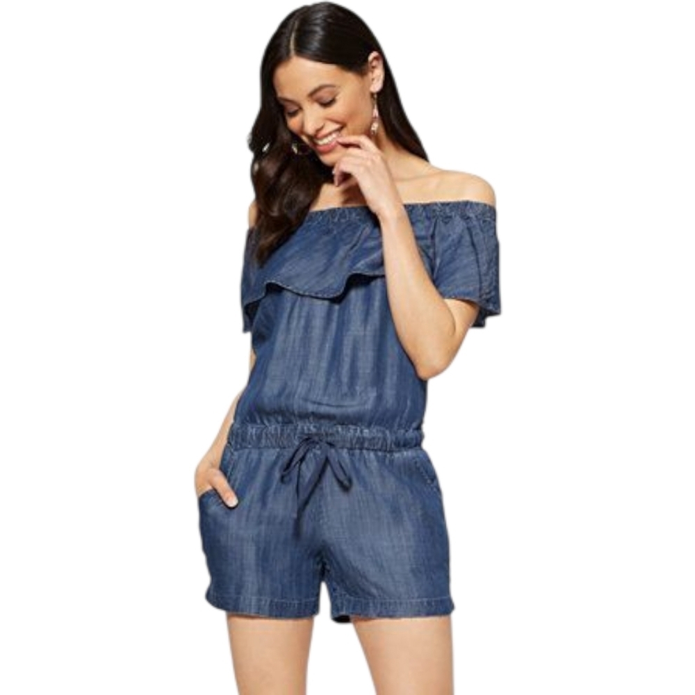 New York & Company Chambray Off-the- Shoulder Ruffle Romper, XL, Pre-owned